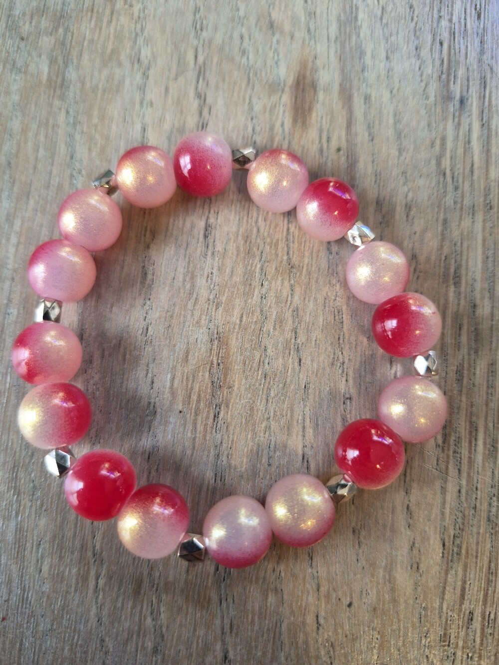 Handmade Pink/Red/Gold Gradient Beaded Stretch Bracelet